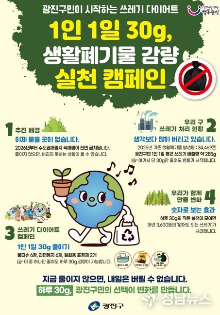 광진구,'1인 1일 30g 쓰레기 다이어트'로 생활폐기물 줄이기 총력