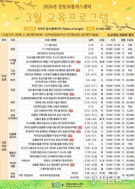 강동50플러스센터 3월 교육 프로그램 안내