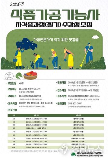 대구농업기술센터, ‘식품가공기능사 자격증 과정(필기) 교육’ 수강생 모집