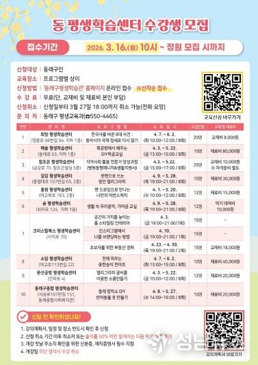 부산 동래구, 2026년 상반기 동 평생학습센터 수강생 모집